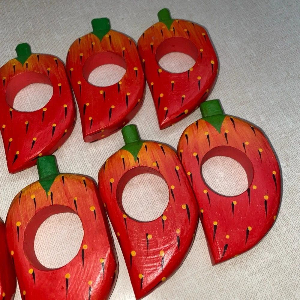 Vintage Wooden Strawberry Napkin‎ Rings Set (10)